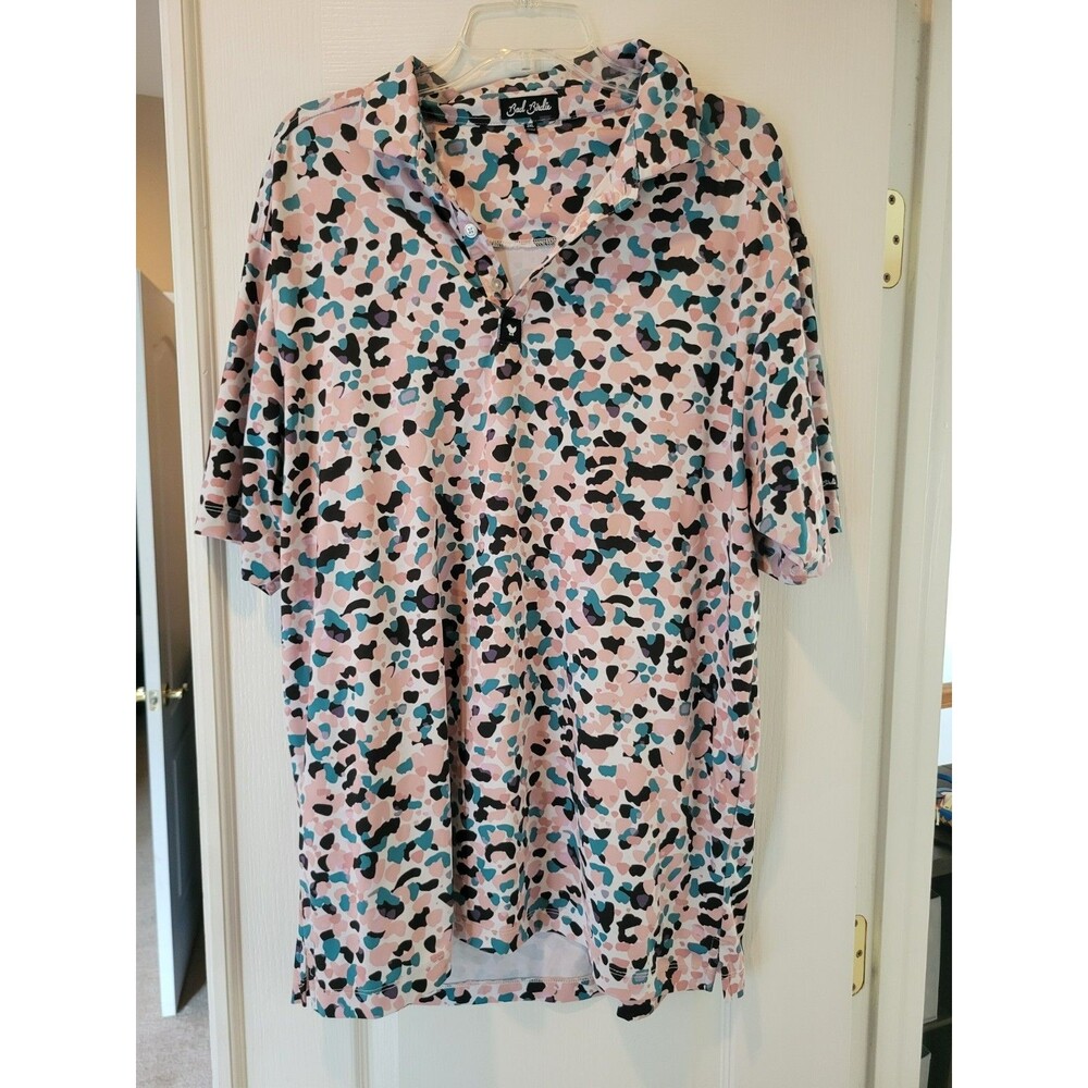 Bad Birdie Chipfila Golf Polo Shirt Mens 2XL XXL Pink Blue Teal Cheetah Leopard